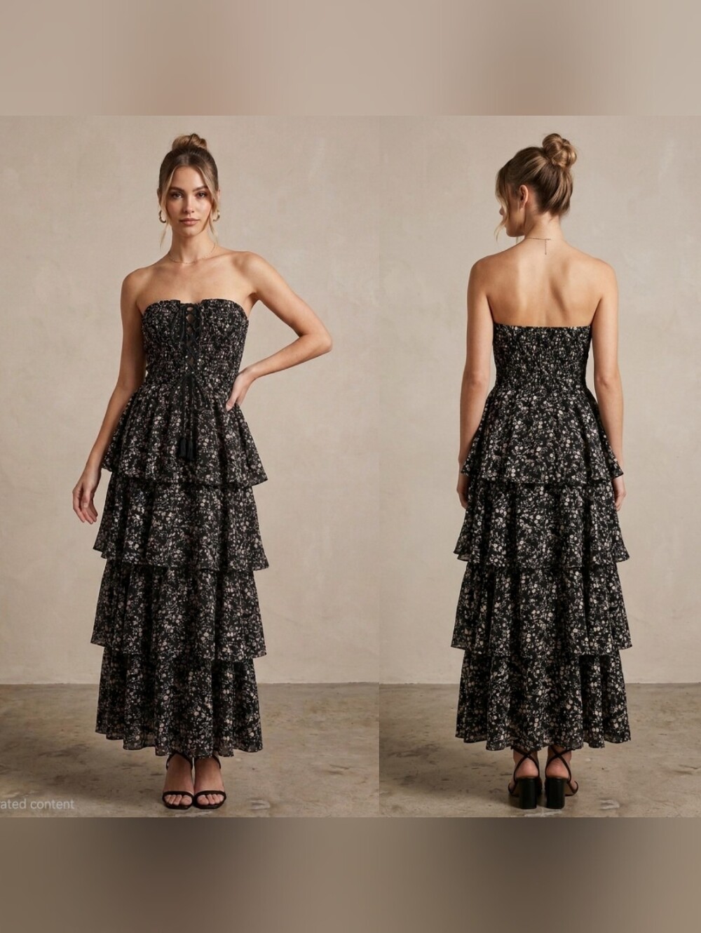 VICI x Gina Floral Tiered Strapless Maxi Dress Black Size M